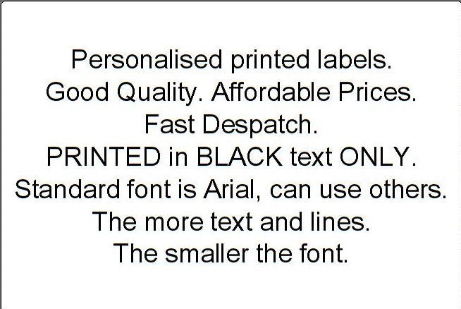 Black text on white background detailing personalized labels, font, and printing options.