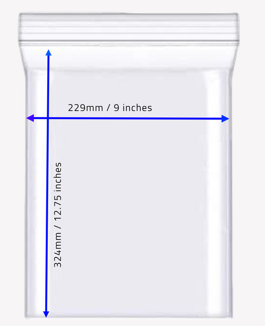 “Clear 9" x 12.75" grip seal poly bag with resealable press‑seal closure, transparent plastic packaging.