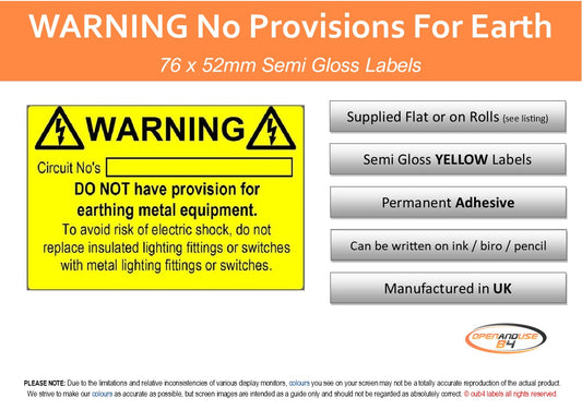 No Provision For Earth Electrical Labels in yellow semi-gloss finish, 76 x 52mm, warning for electrical safety.