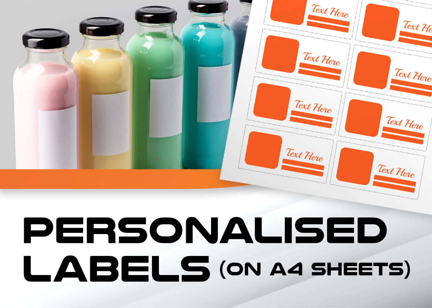 Bottles with blank labels beside orange personalized label sheet on A4 size.