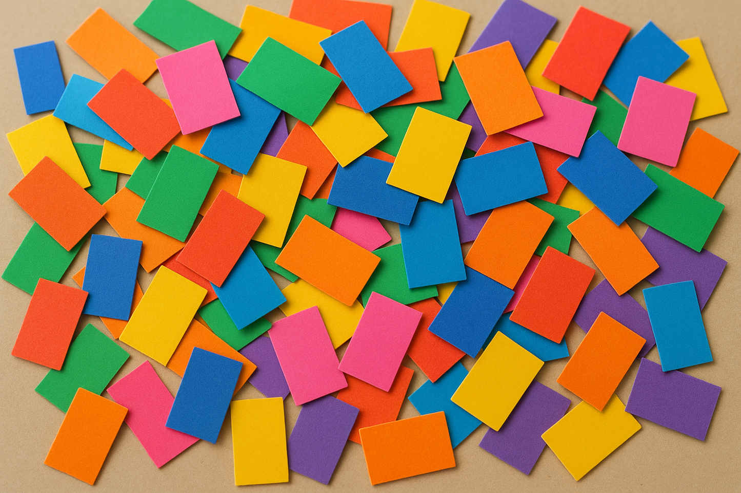 A scattered pile of colorful, rectangular foam blocks on a neutral beige background.