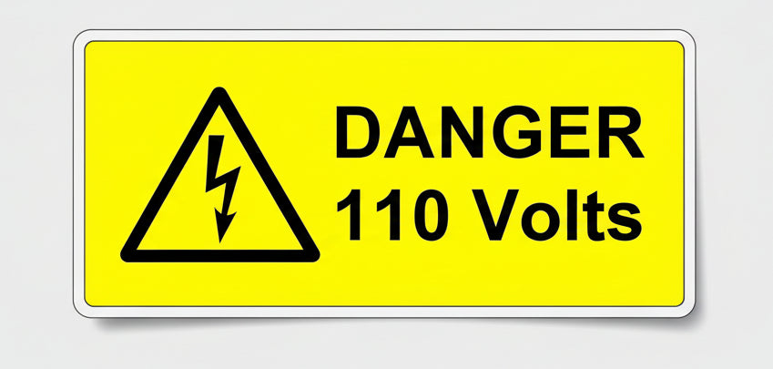 Yellow sign with a black lightning bolt in a triangle and text: DANGER 110 Volts.
