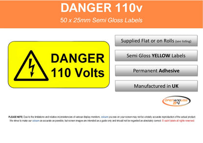 Yellow "DANGER 110 Volts" label with high voltage symbol and product features listed.