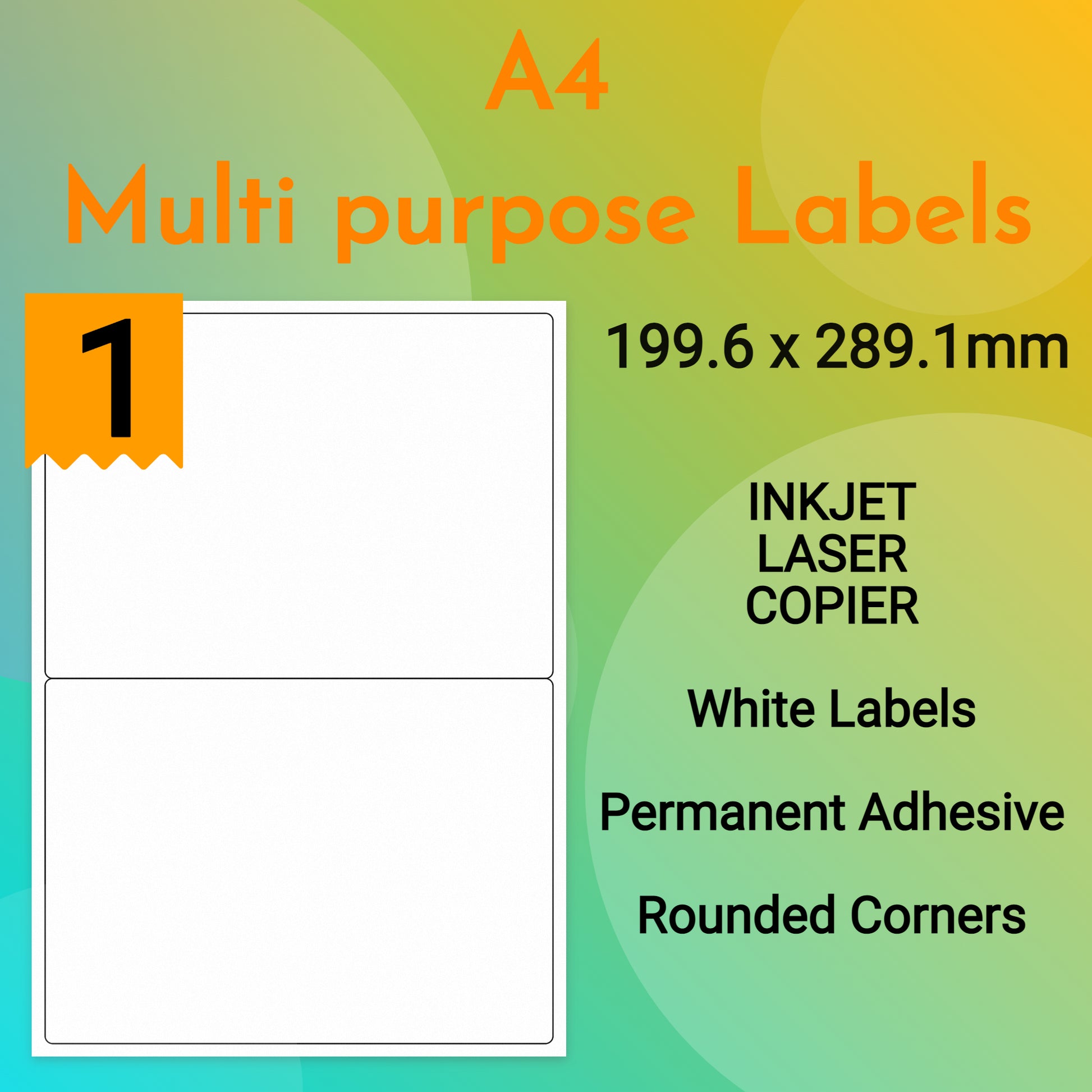 A4 multipurpose white labels, 1 per sheet, 199.6 x 289.1mm, permanent adhesive, rounded corners.