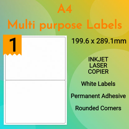 A4 multipurpose white labels, 1 per sheet, 199.6 x 289.1mm, permanent adhesive, rounded corners.