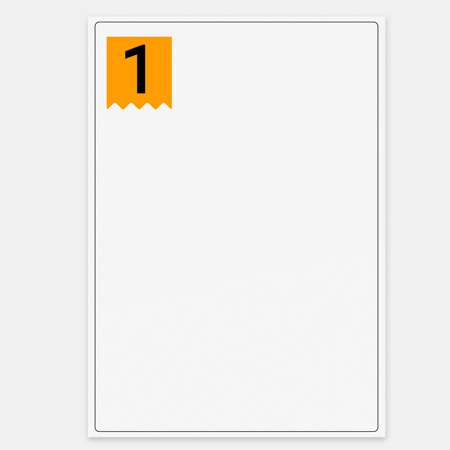A single large white rectangle label on an A4 sheet with a yellow "1" banner in the corner.