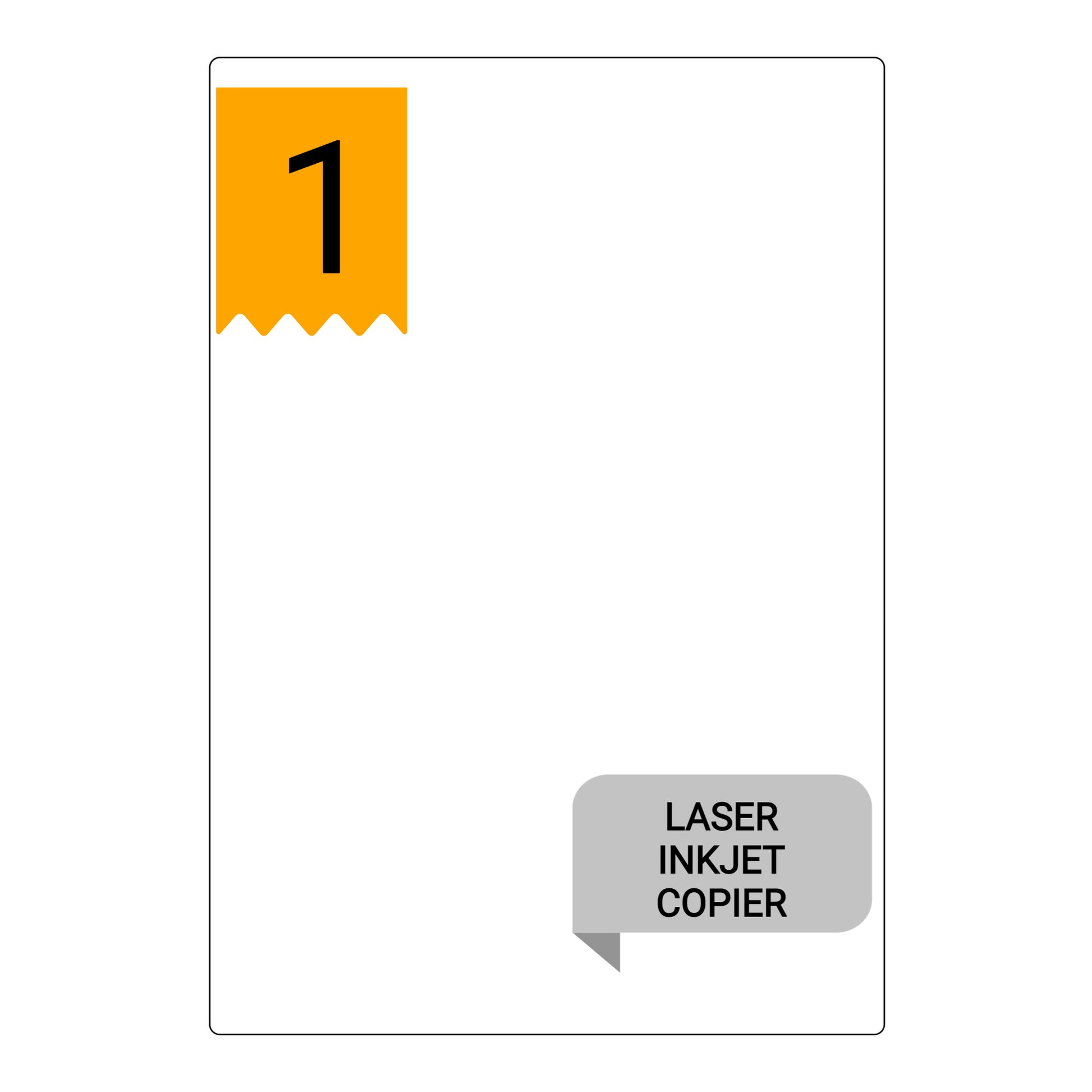 Blank white printer label sheet with a single large rectangle and yellow "1" banner.