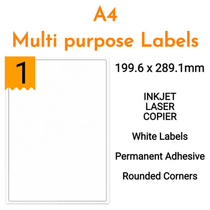 A4 white multi-purpose label 199.6 x 289.1mm. Single permanent adhesive sheet per page.