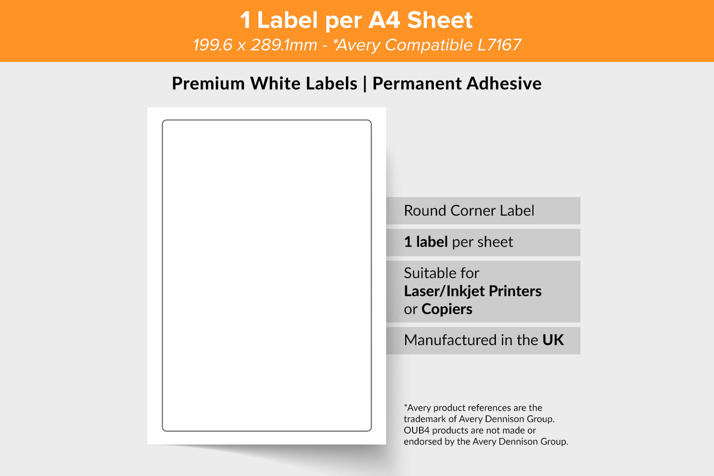 Product image for 1 round corner white label per A4 sheet with permanent adhesive.