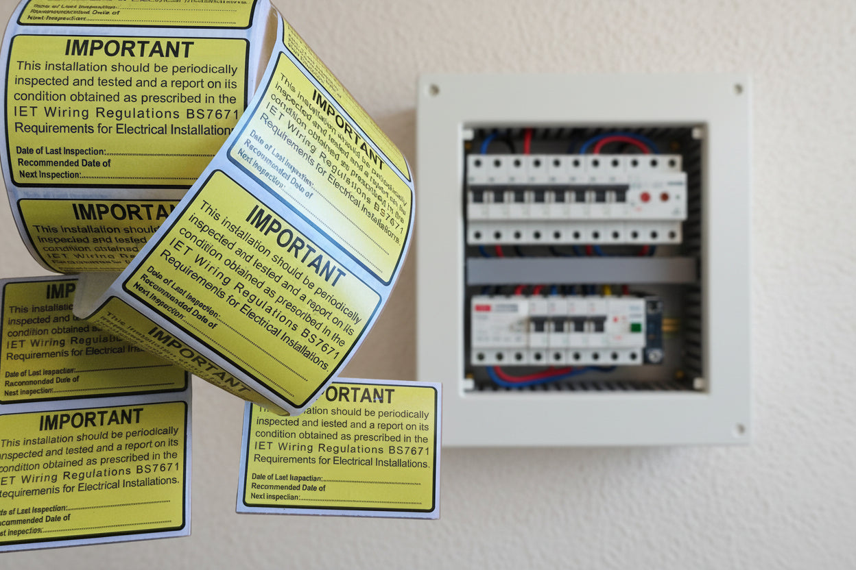 BS7671 Periodic Test Inspection Label applied to a consumer unit fuse box for electrical compliance.