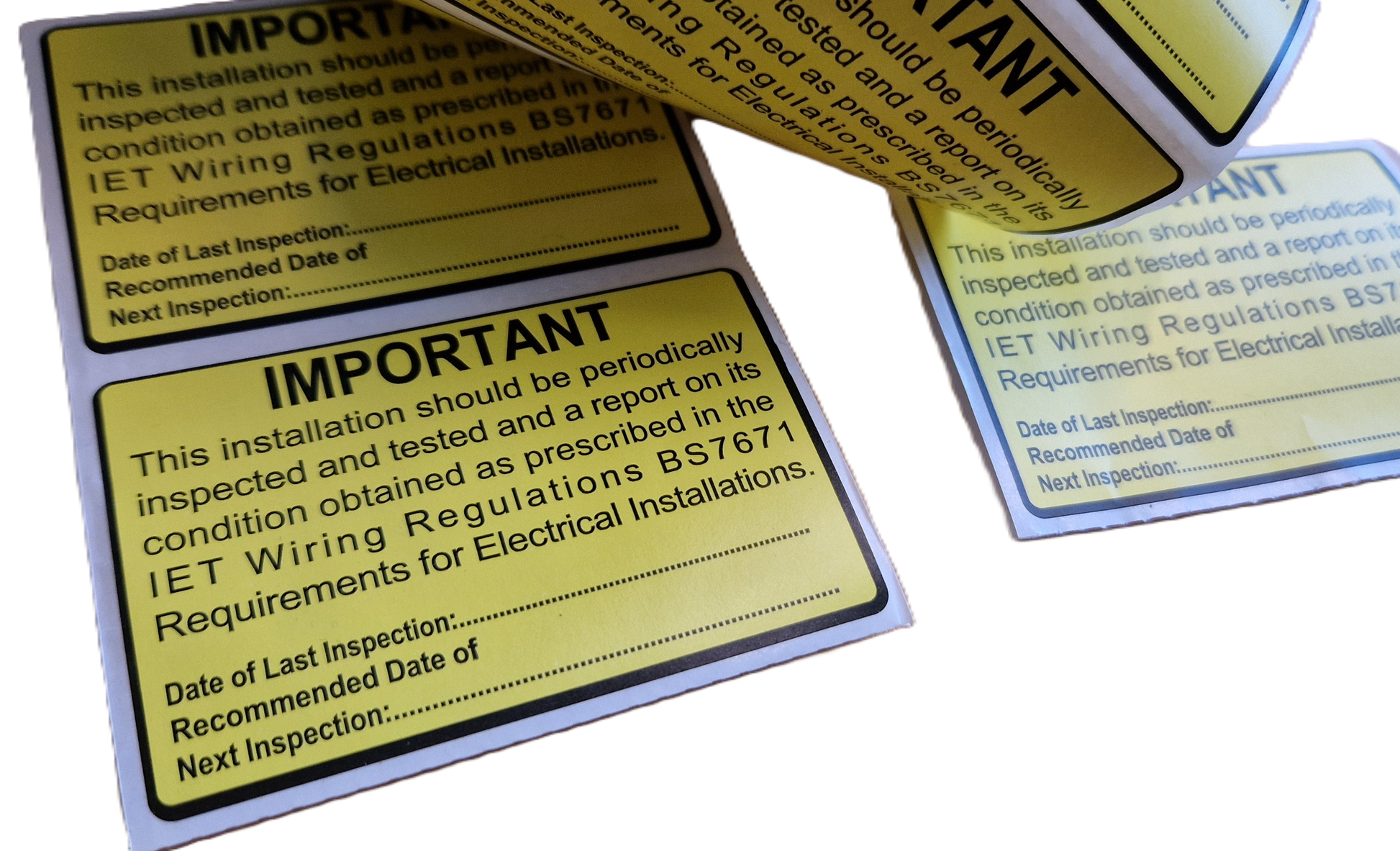 High‑visibility yellow BS7671 Periodic Test Inspection Sticker for electrical safety and compliance.