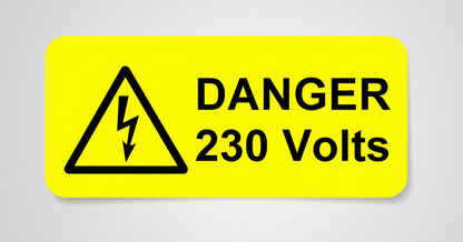 Yellow warning sign with lightning bolt icon and text: DANGER 230 Volts.