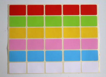 Grid of blank rectangular stickers in red, green, yellow, pink, blue, and white rows.