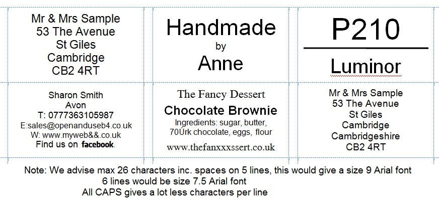 Black and white sample address and product labels with various fonts and formatting examples.