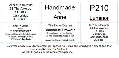 Black and white sample address and product labels with various fonts and formatting examples.