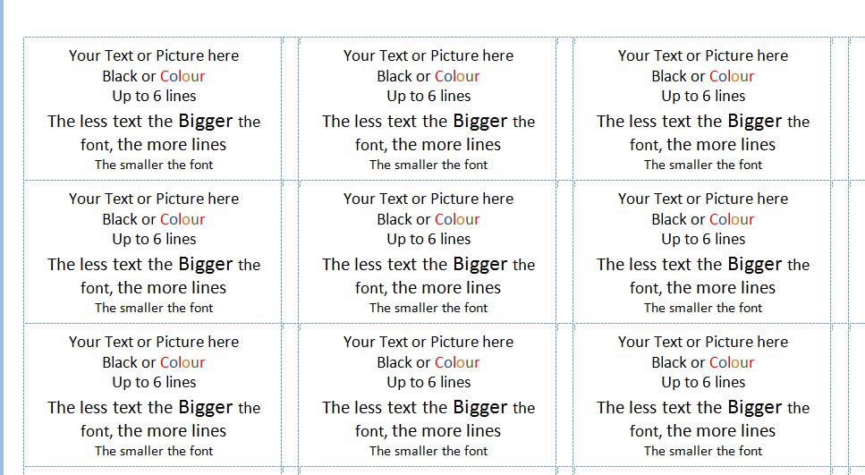 A grid of 9 white labels with black and red text explaining font size and customization options.