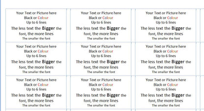 A grid of 9 white labels with black and red text explaining font size and customization options.