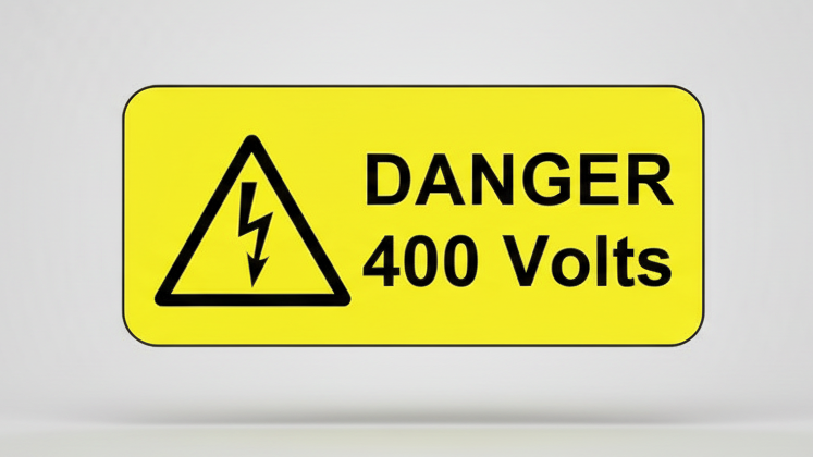 Yellow sign with a black lightning bolt in a triangle and text: "DANGER 400 Volts".