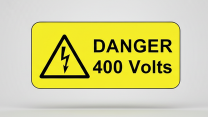Yellow sign with a black lightning bolt in a triangle and text: "DANGER 400 Volts".