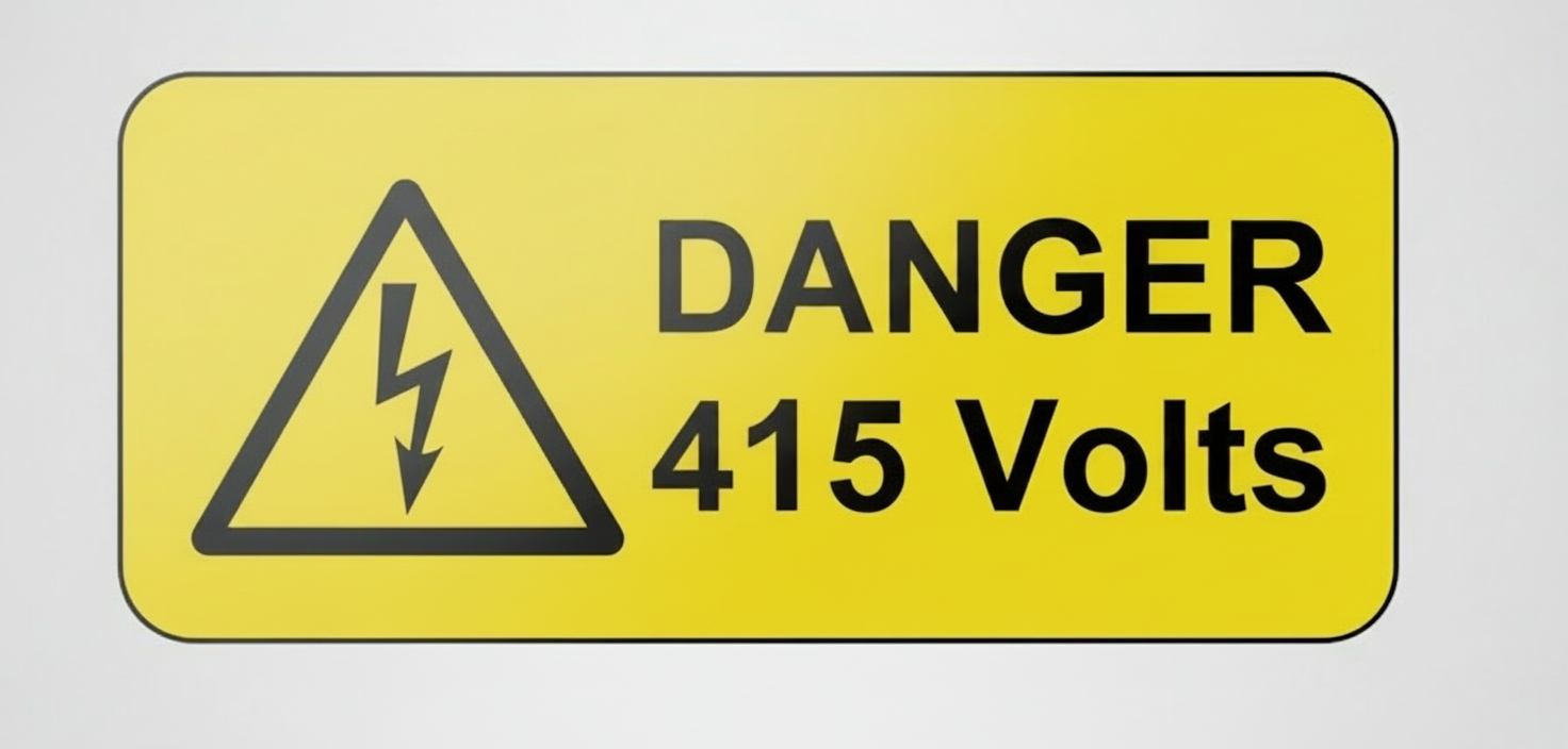 Yellow warning sign with lightning bolt icon and text: "DANGER 415 Volts".