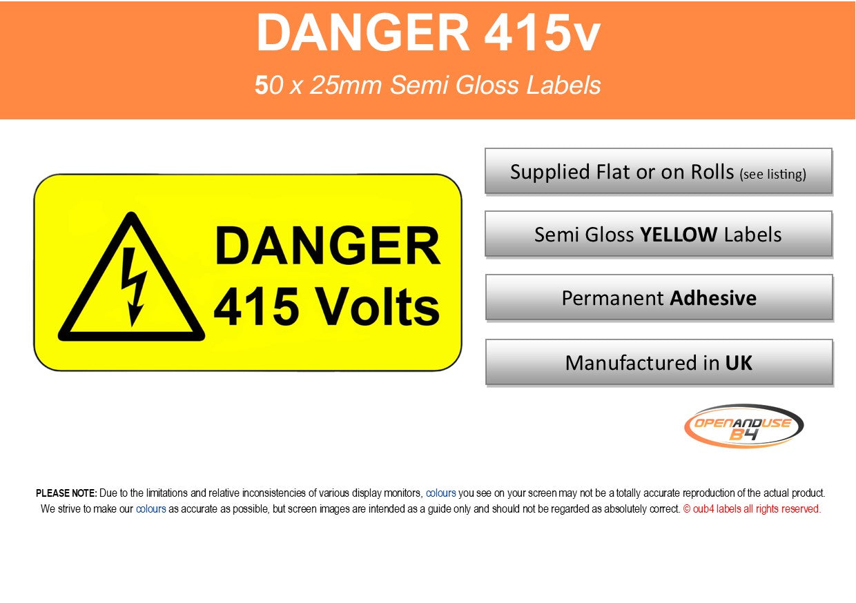 Yellow high-voltage warning label reading "DANGER 415 Volts" with a lightning bolt symbol.