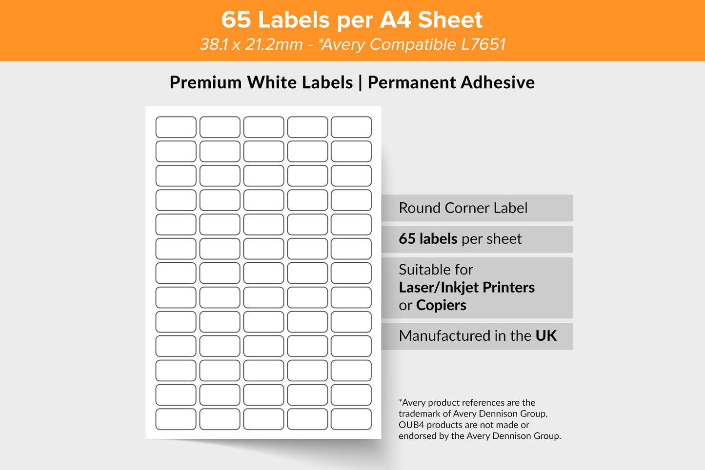 A4 Sheet Address Labels WHITE – 65 Labels per sheet – 38.1mm x 21.2mm