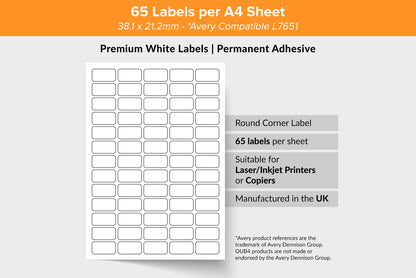 A4 Sheet Address Labels WHITE – 65 Labels per sheet – 38.1mm x 21.2mm