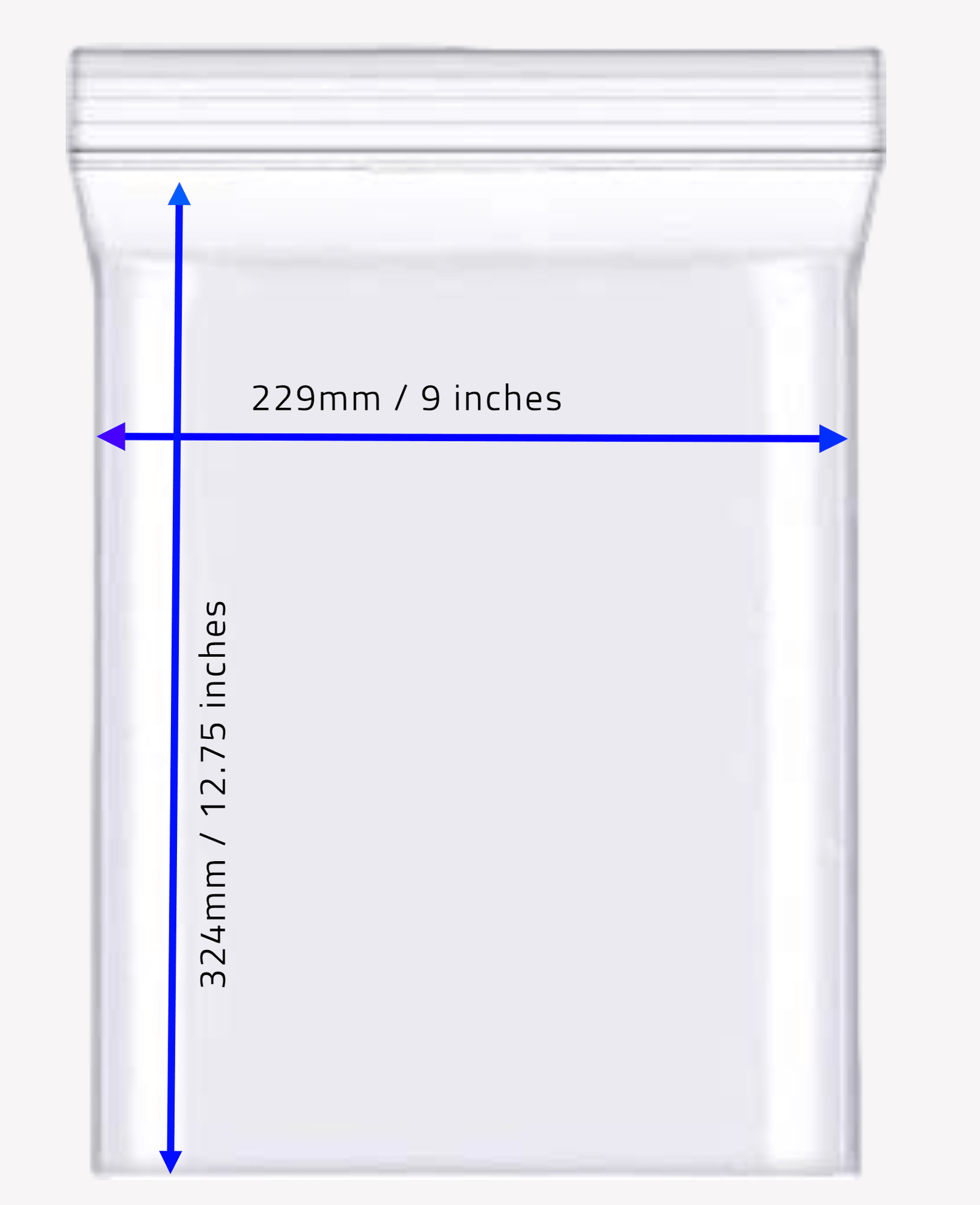“Clear 9" x 12.75" grip seal poly bag with resealable press‑seal closure, transparent plastic packaging.