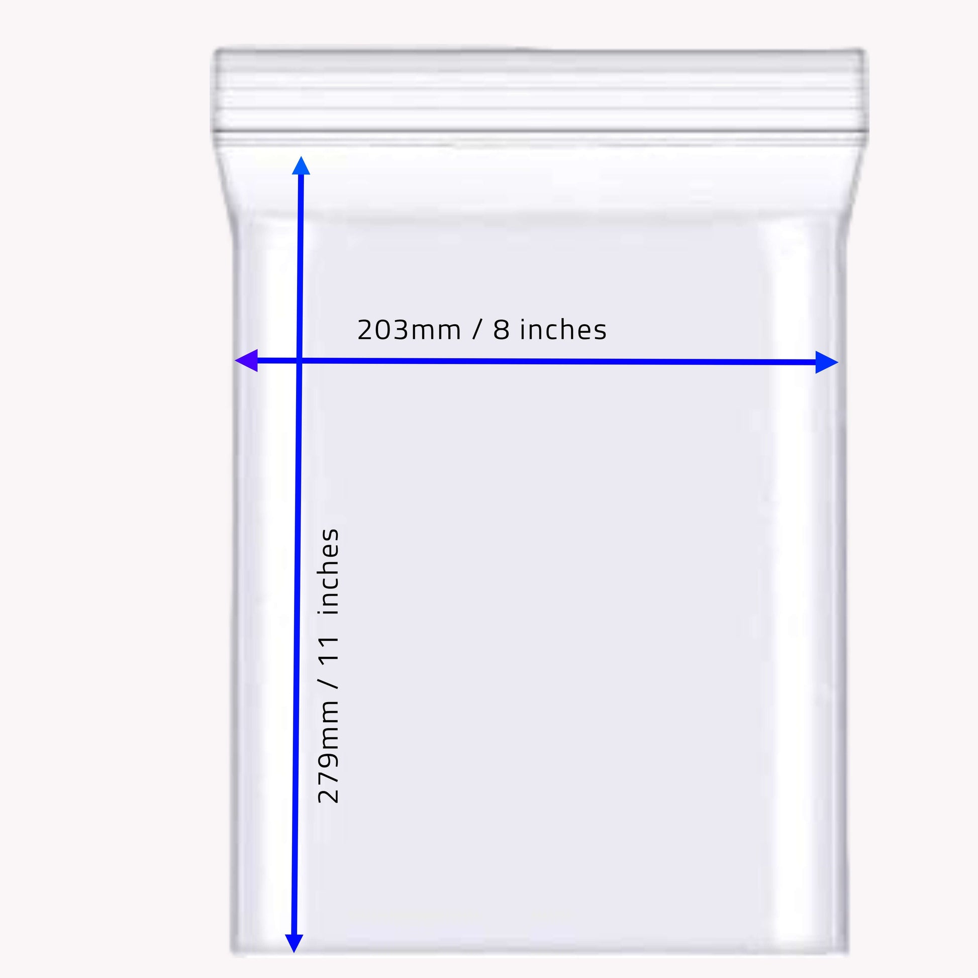Clear plastic bag with measurements on a white background