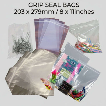 Assorted sizes of clear grip seal bags, transparent resealable poly bags for storage and organisation.