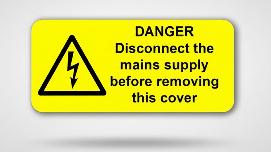 Yellow warning sign with a black lightning bolt and text: "Danger, disconnect power first."