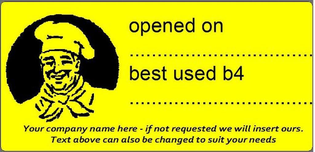 Yellow label with a chef illustration and text fields for "opened on" and "best used b4."