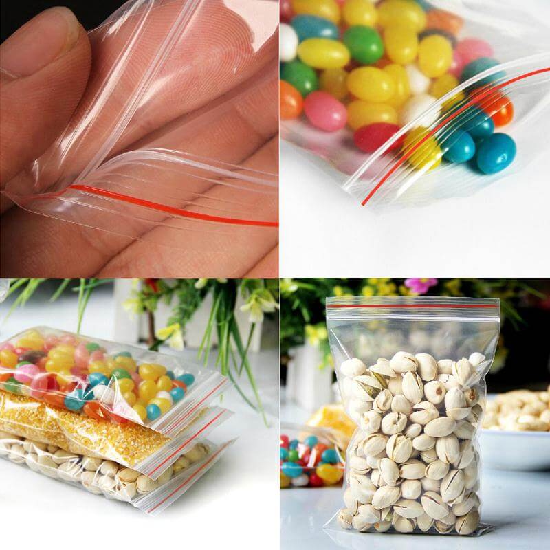 Collage of clear plastic bags filled with various items including colorful candies and nuts.