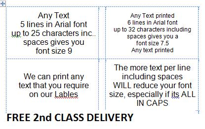 Four-panel guide showing font size examples for custom labels with free delivery text below.