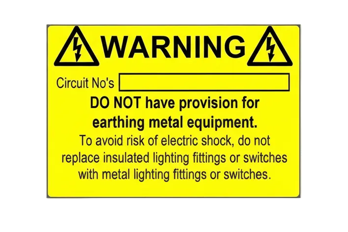 No Provision For Earth Electrical Labels – Yellow warning label highlighting electrical safety instructions.
