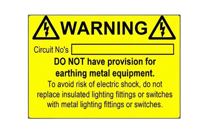No Provision For Earth Electrical Labels – Yellow warning label highlighting electrical safety instructions.