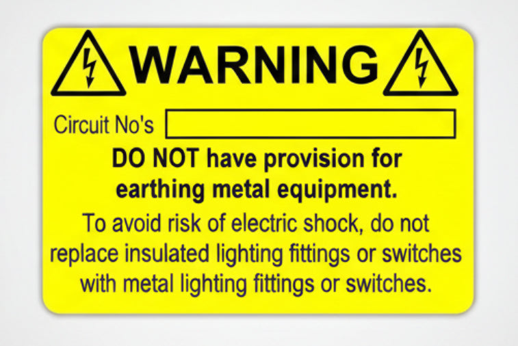 No Provision For Earth Electrical Labels in bright yellow, warning about electric shock and metal equipment, 76 x 52mm.