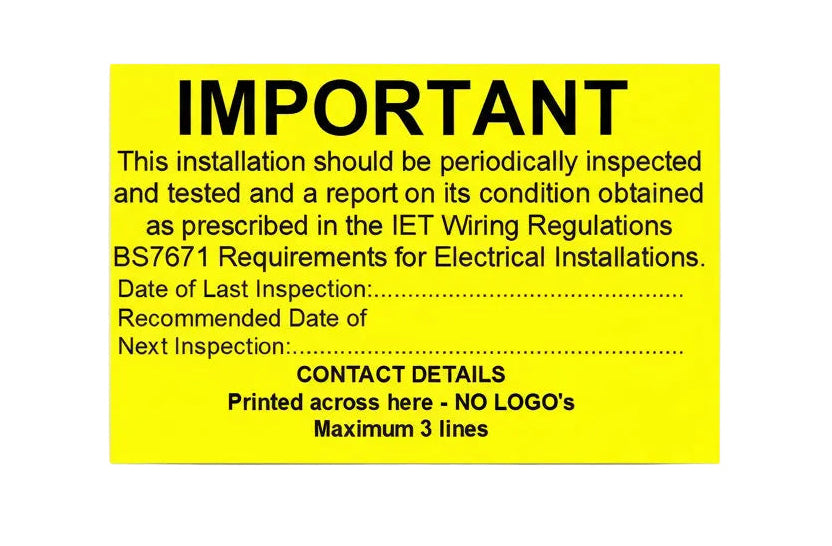Yellow electrical inspection label with black text "IMPORTANT" and wiring regulation details.