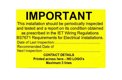 Yellow electrical inspection label with black text "IMPORTANT" and wiring regulation details.
