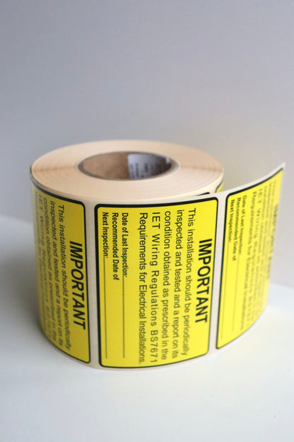 BS7671 Periodic Test Inspection Label, 76×52mm yellow electrical safety sticker with permanent adhesive