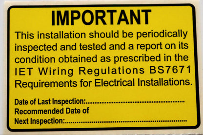 High‑visibility yellow BS7671 Periodic Test Inspection Sticker for electrical safety and compliance.