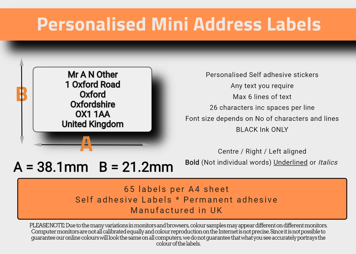 Product graphic for mini address labels showing dimensions of 38.1mm x 21.2mm and ordering specs.