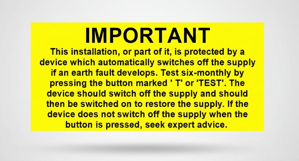 Yellow sign stating: IMPORTANT This installation is protected by an earth fault device. Test it.