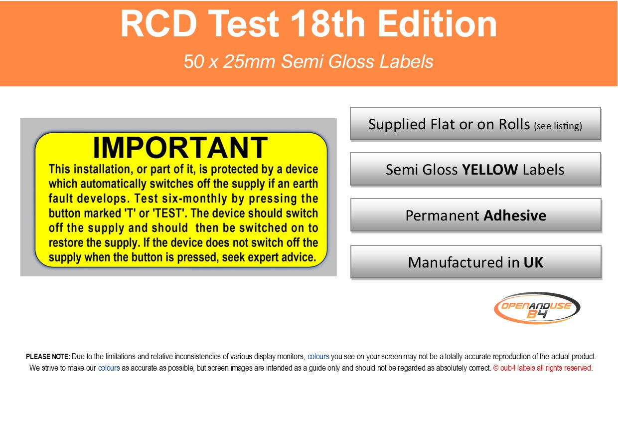 Yellow RCD Test 18th Edition electrical safety label with black text on an orange and white banner.