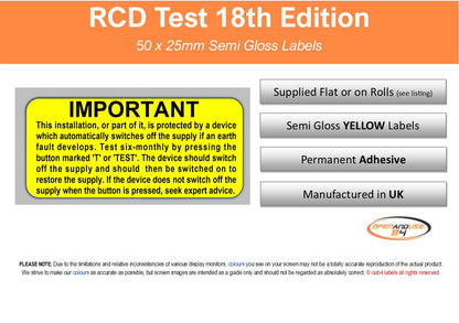 Yellow RCD Test 18th Edition electrical safety label with black text on an orange and white banner.