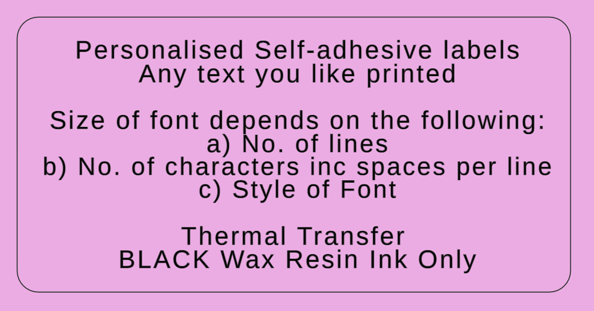 Pink self-adhesive label with black text detailing personalized printing options.