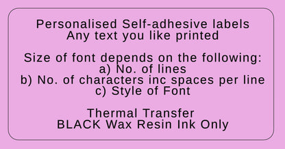 Pink self-adhesive label with black text detailing personalized printing options.