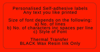 Red personalized self-adhesive label with black text describing customization options.