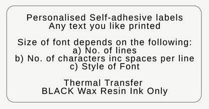 White adhesive label with black text describing personalized printing options and ink type.