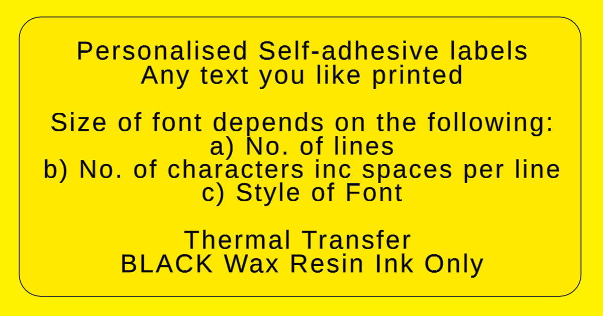 Yellow self-adhesive label with black text detailing personalized printing options.